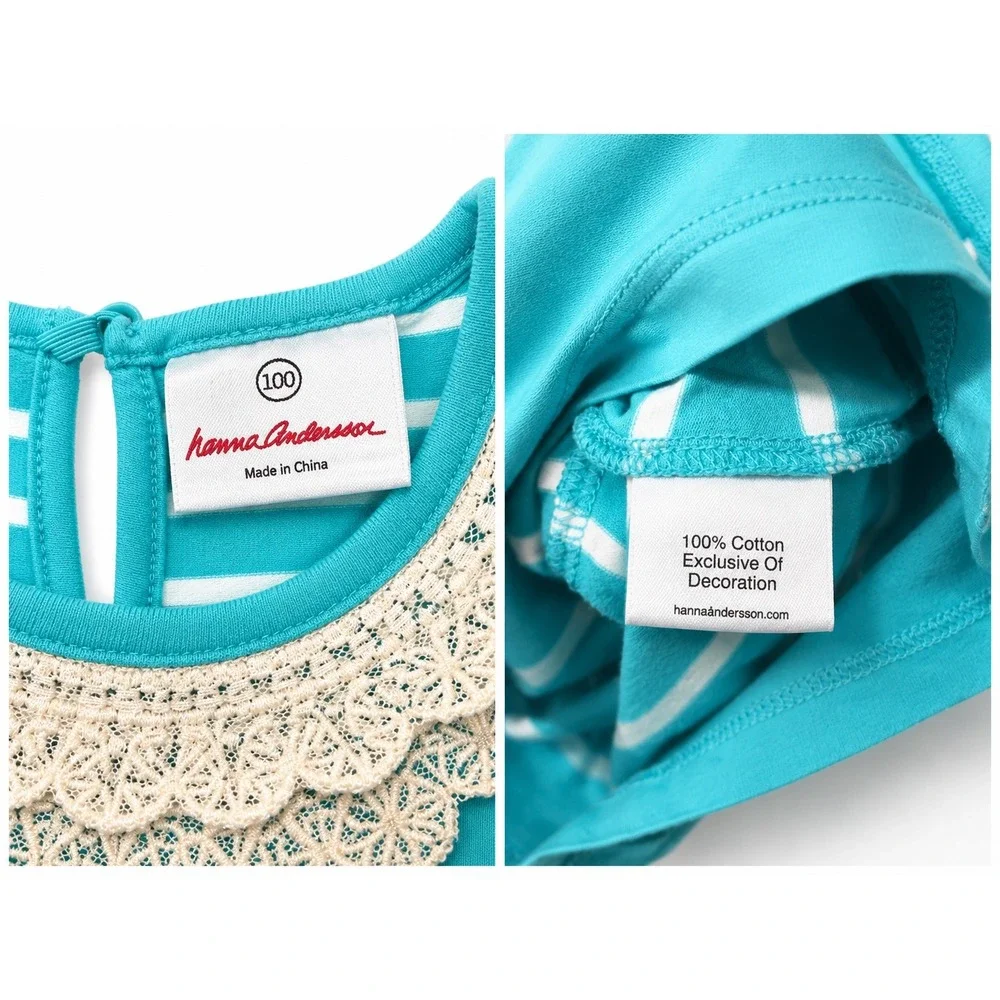 Hanna Andersson Girls Turquoise White Striped Crochet Lace Collar Dress 100 4T